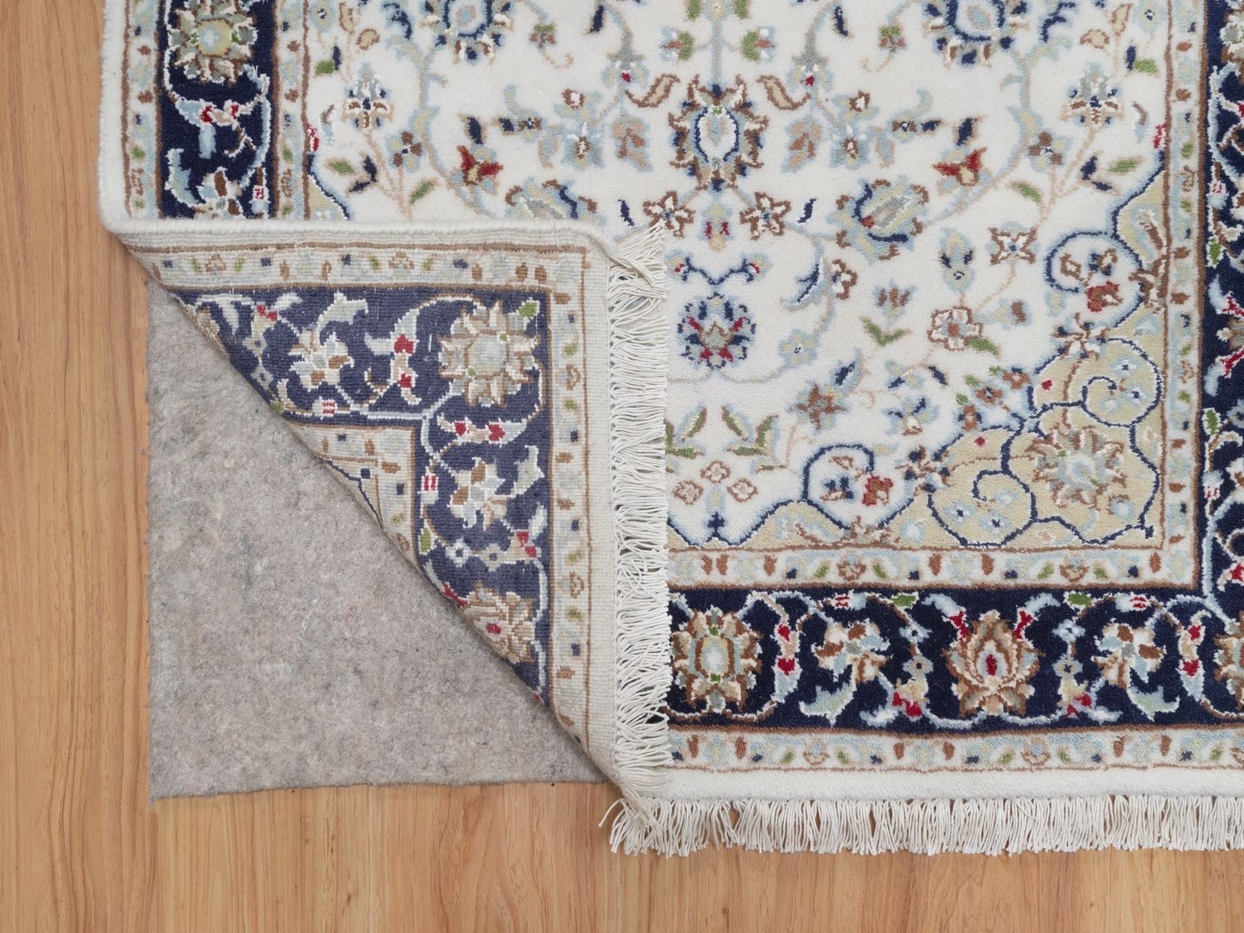 Nain Fine Oriental hand-knotted wool/silk runner in Ivory & Midnight Blue, 2'8" x 14'4" — SKU O092013 (view 3)