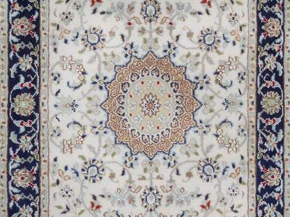 Nain Fine Oriental hand-knotted wool/silk runner in Ivory & Midnight Blue, 2'8" x 14'4" — SKU O092013 (view 5)