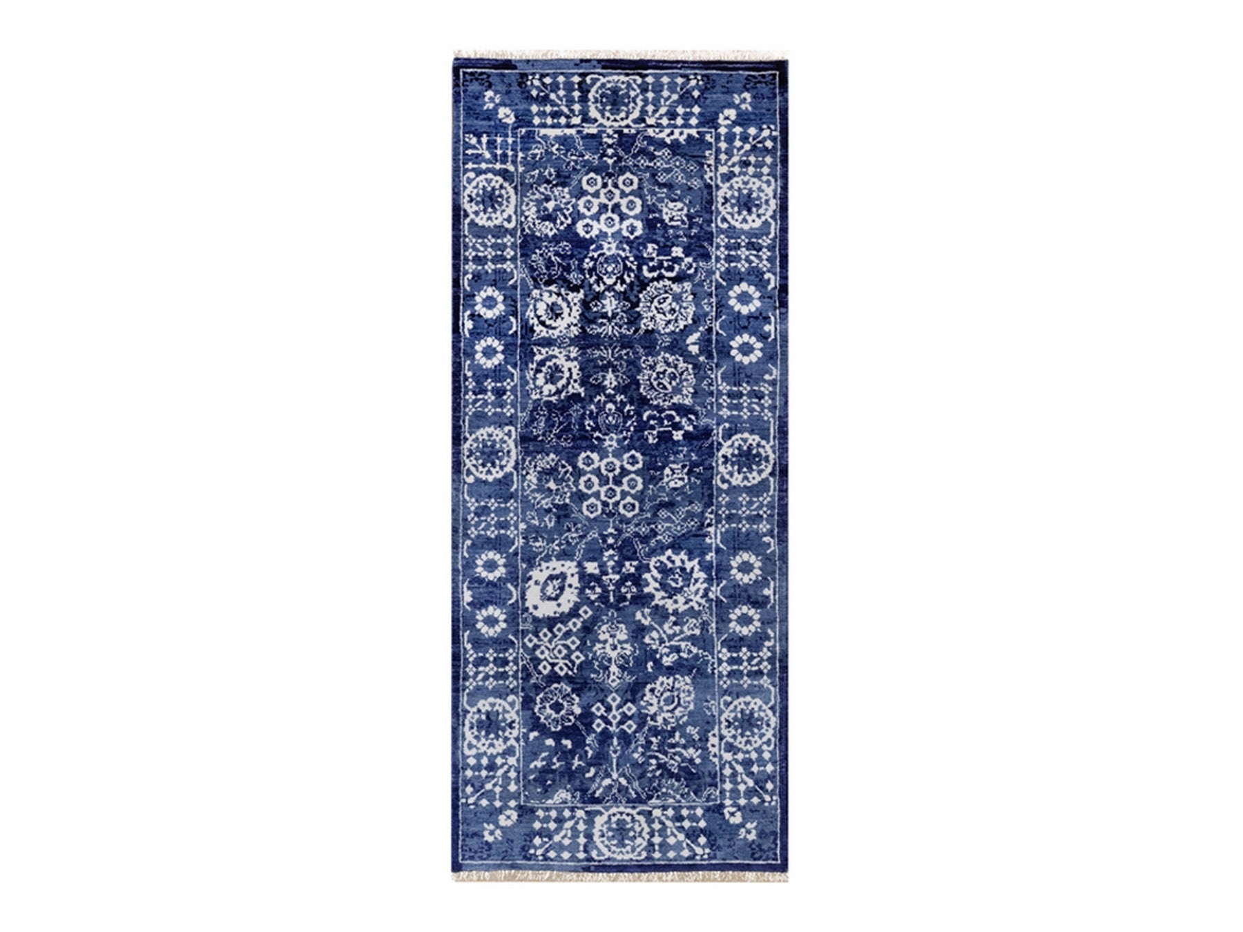 Blue 2'6" x 6'0" Transitional Hand knotted Wool/Silk Rug - Sku: O092020