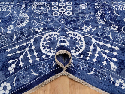 Blue 9'0" x 12'1" Transitional Hand knotted Wool/Silk Rug - Sku: O092021