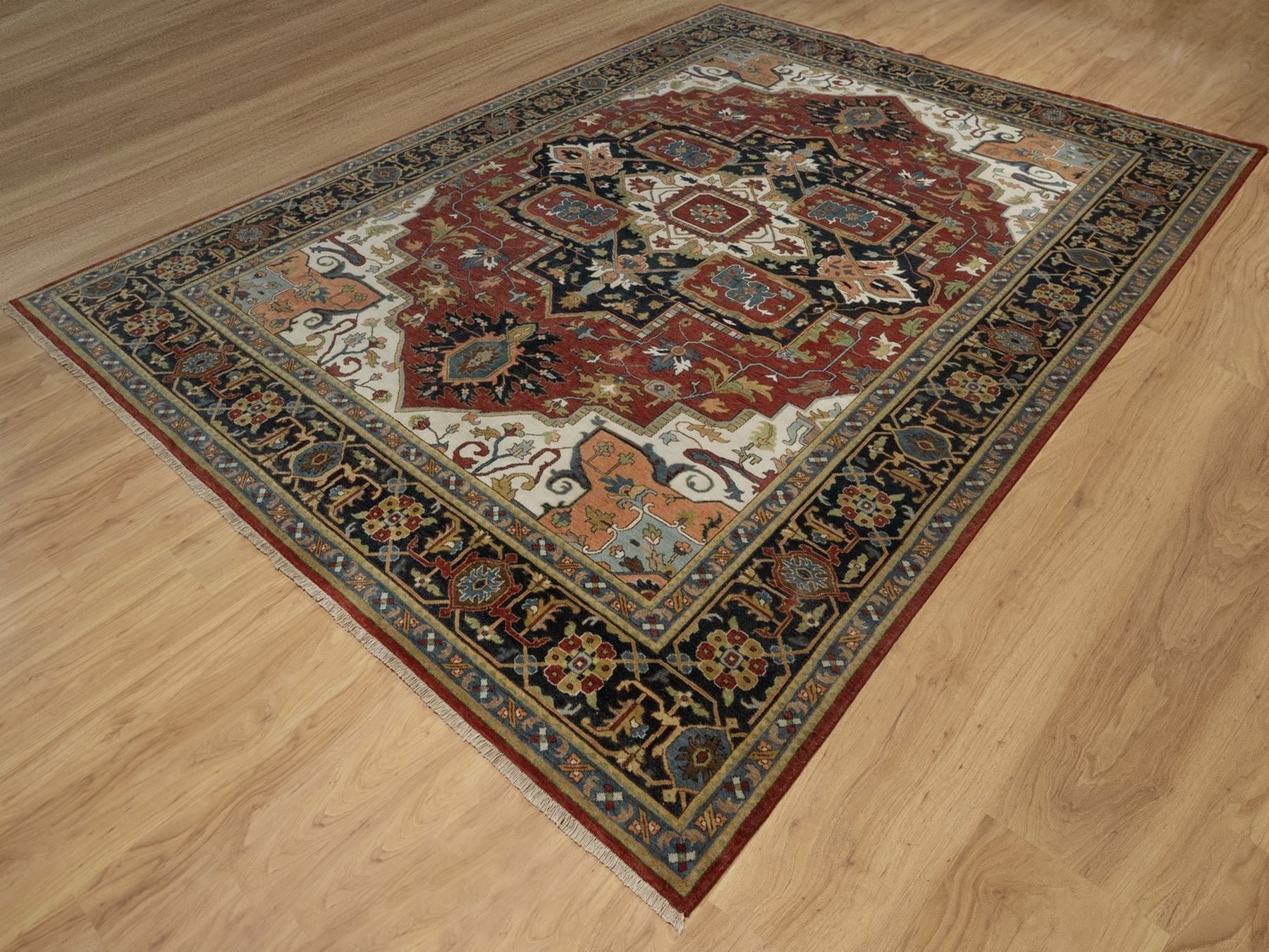 Heriz Heriz hand-knotted wool rug in Red & Navy Blue, 8'11" x 12'2" — SKU O092023 (view 3)
