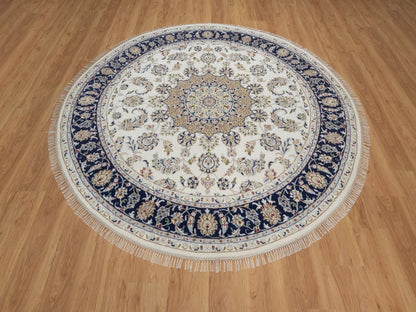 Nain Fine Oriental hand-knotted wool/silk rug in Ivory & Midnight Blue, 7'4" x 7'5" — SKU O092027 (view 2)