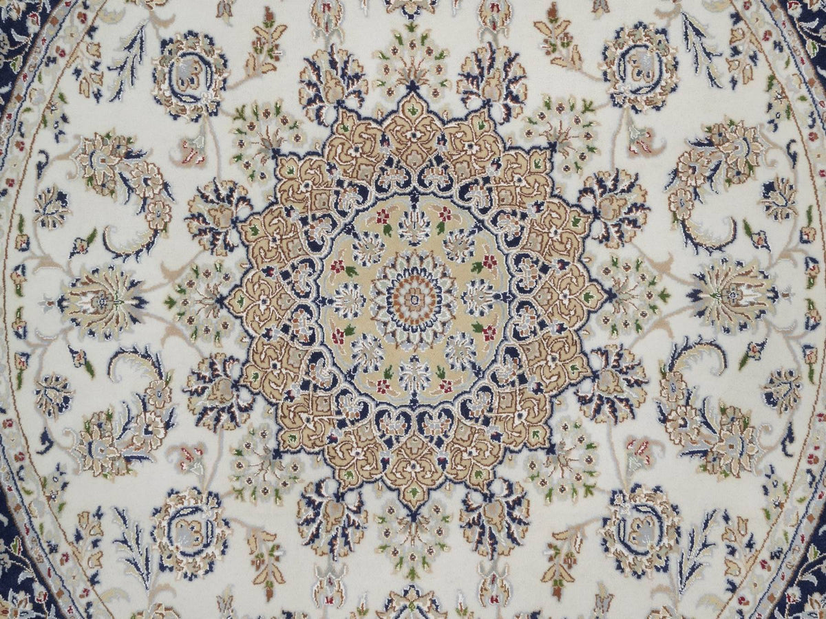 Nain Fine Oriental hand-knotted wool/silk rug in Ivory & Midnight Blue, 7'4" x 7'5" — SKU O092027 (view 5)