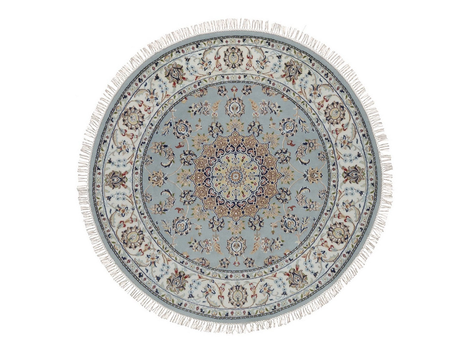Blue 5'2" x 5'3" Fine Oriental Hand knotted Wool/Silk Rug - Sku: O092030