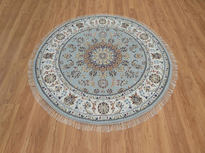 Blue 5'2" x 5'3" Fine Oriental Hand knotted Wool/Silk Rug - Sku: O092030