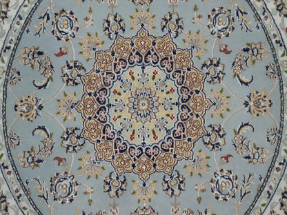 Blue 5'2" x 5'3" Fine Oriental Hand knotted Wool/Silk Rug - Sku: O092030