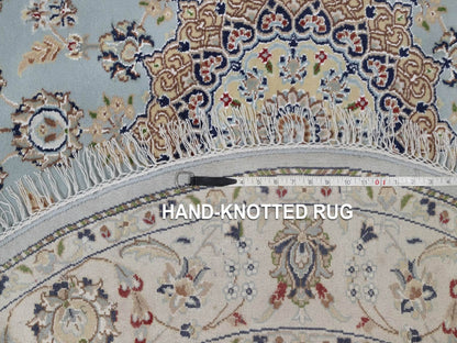 Blue 5'2" x 5'3" Fine Oriental Hand knotted Wool/Silk Rug - Sku: O092030