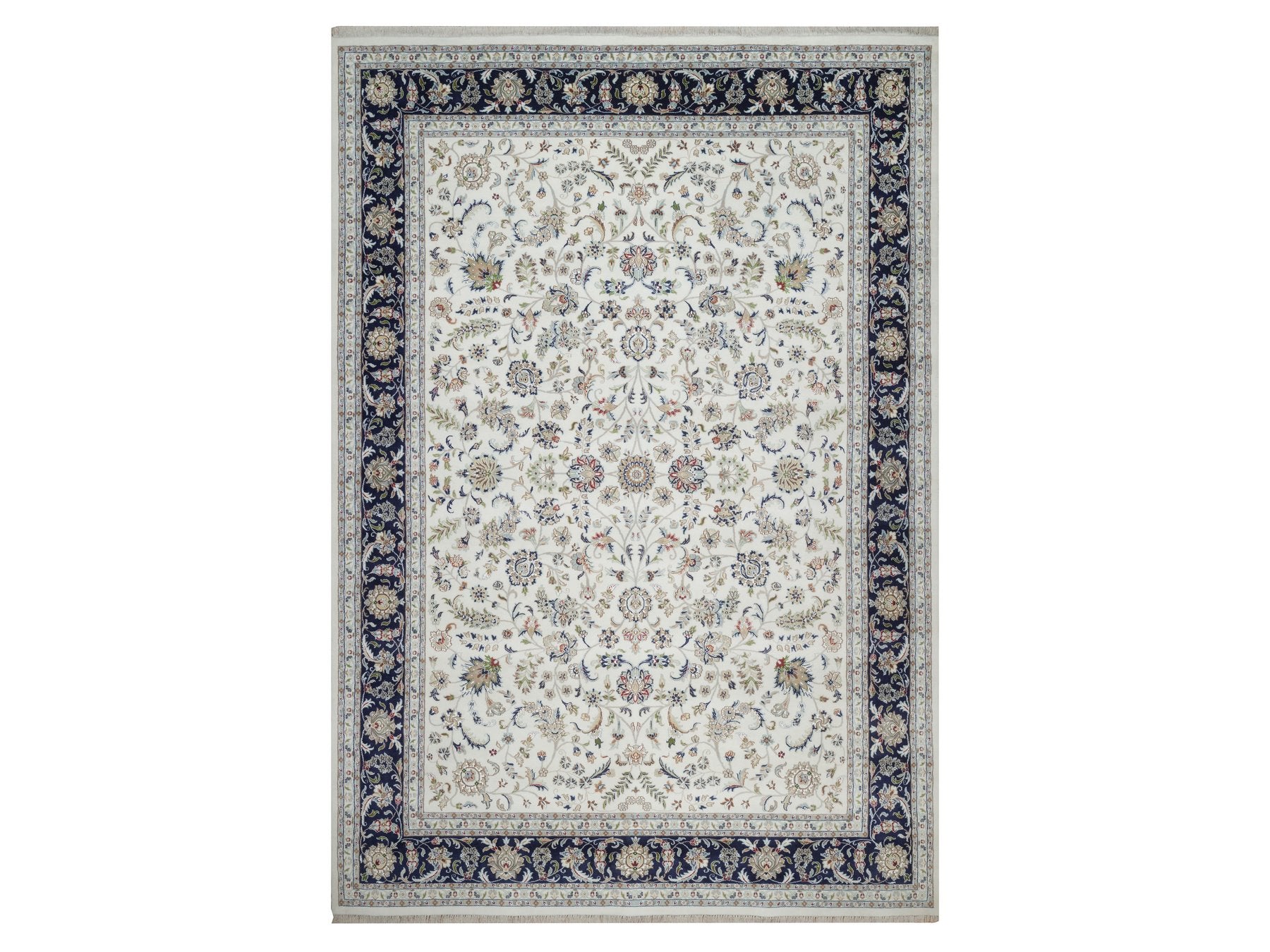 Nain Fine Oriental hand-knotted wool/silk rug in Ivory & Midnight Blue, 9'9" x 14'1" — SKU O092036
