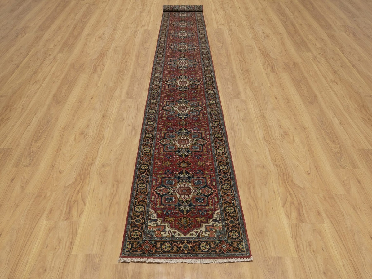 Heriz Heriz hand-knotted wool runner in Red & Navy Blue, 2'7" x 20'4" — SKU O092041 (view 2)