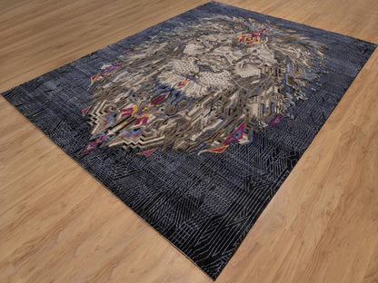 Black 9'0" x 12'1" Modern and Contemporary Hand knotted Wool/Silk Rug - Sku: O092056