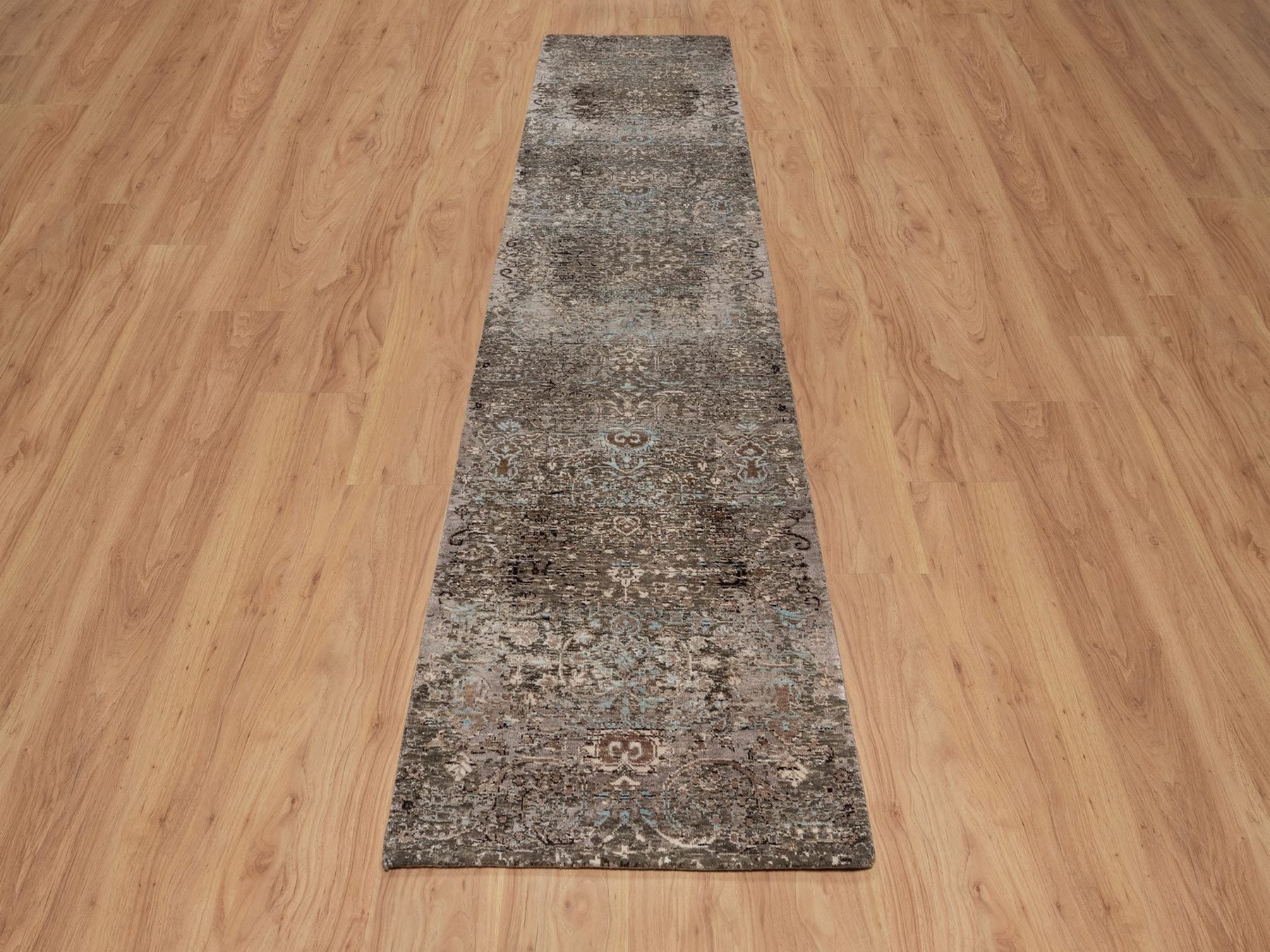 Brown 2'7" x 11'10" Transitional Hand knotted Wool/Silk Rug - Sku: O092068