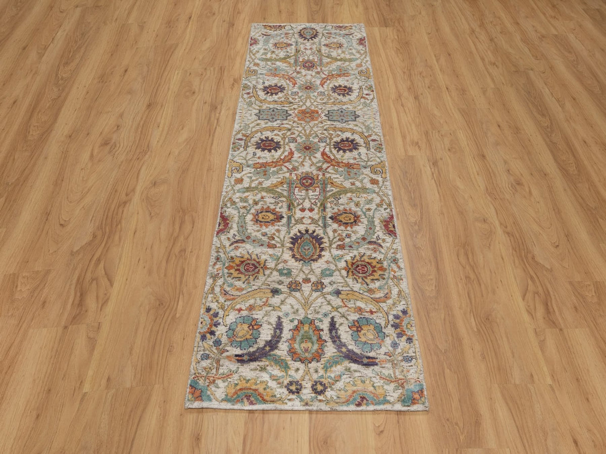 Transitional hand-knotted wool/silk runner in Ivory, 2'6" x 8'2" — SKU O092070 (view 2)