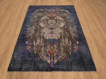 Black 5'3" x 7'1" Modern and Contemporary Hand knotted Wool/Silk Rug - Sku: O092073