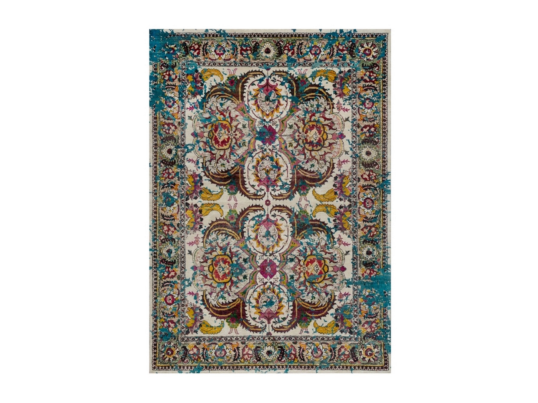 Transitional hand-knotted wool/silk rug in Ivory & Green, 4'11" x 7'1" — SKU O092074