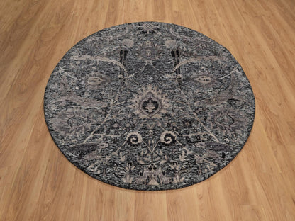 Black 5'11" x 5'11" Transitional Hand knotted Wool/Silk Rug - Sku: O092077