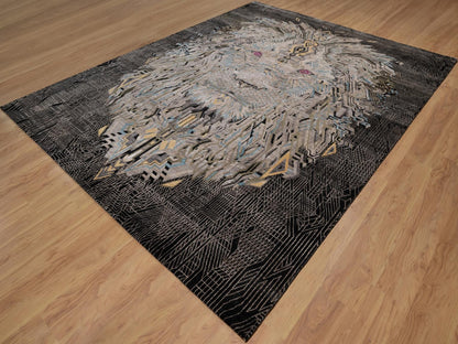 Black 9'2" x 12'0" Modern and Contemporary Hand knotted Wool/Silk Rug - Sku: O092080