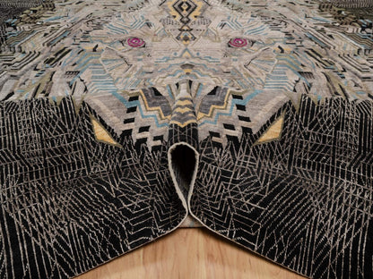 Black 9'2" x 12'0" Modern and Contemporary Hand knotted Wool/Silk Rug - Sku: O092080