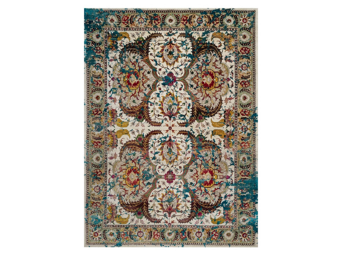 Transitional hand-knotted wool/silk rug in Ivory & Turquoise, 10' x 14' — SKU O092083