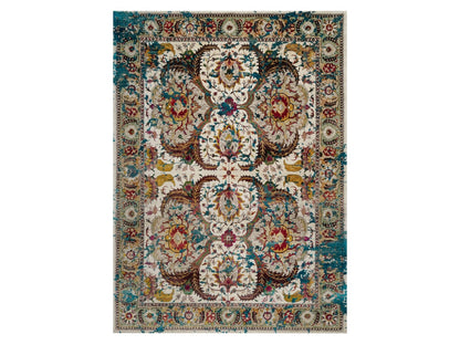 Transitional hand-knotted wool/silk rug in Ivory & Turquoise, 10' x 14' — SKU O092083