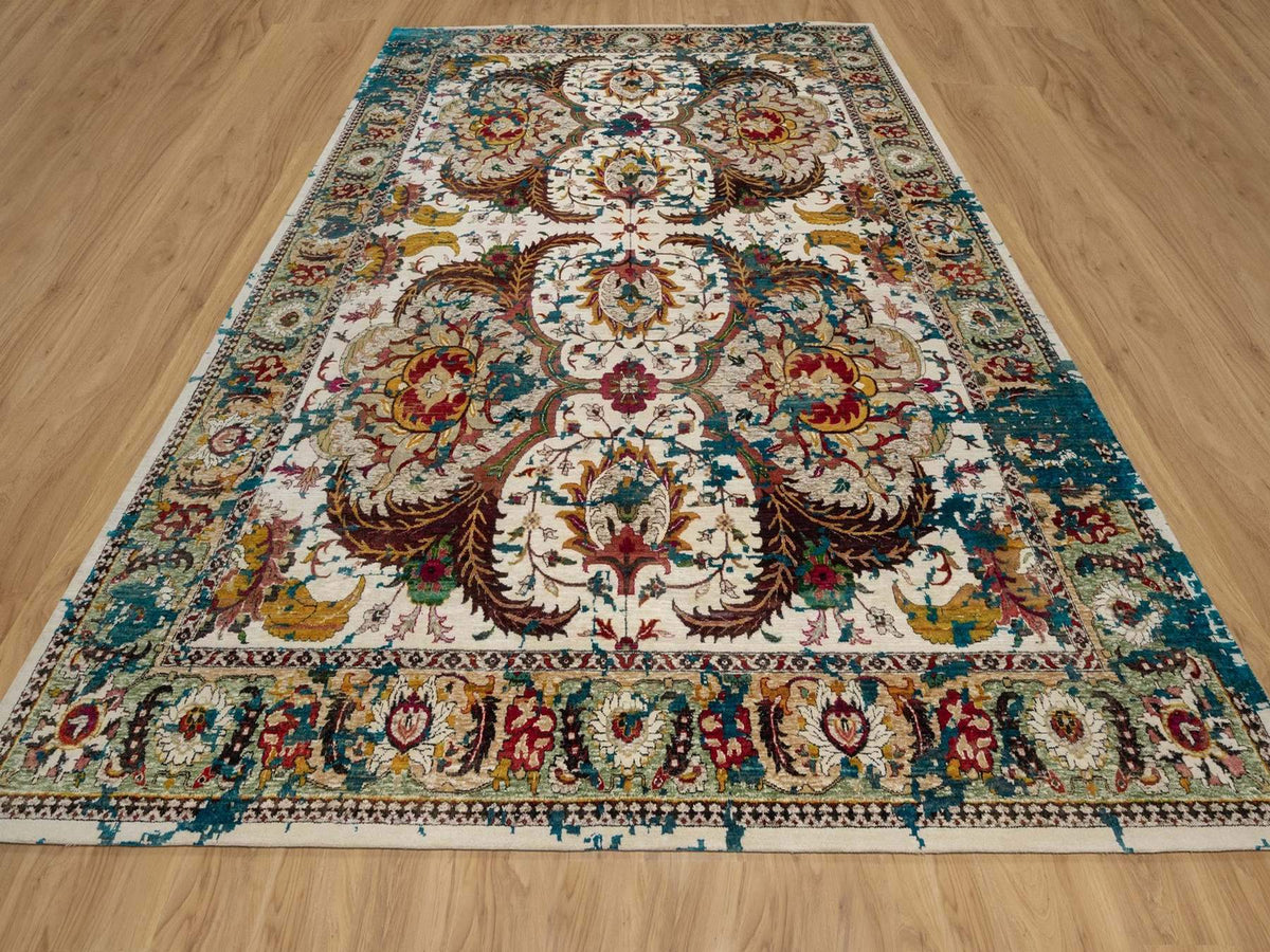 Transitional hand-knotted wool/silk rug in Ivory & Turquoise, 10' x 14' — SKU O092083 (view 2)