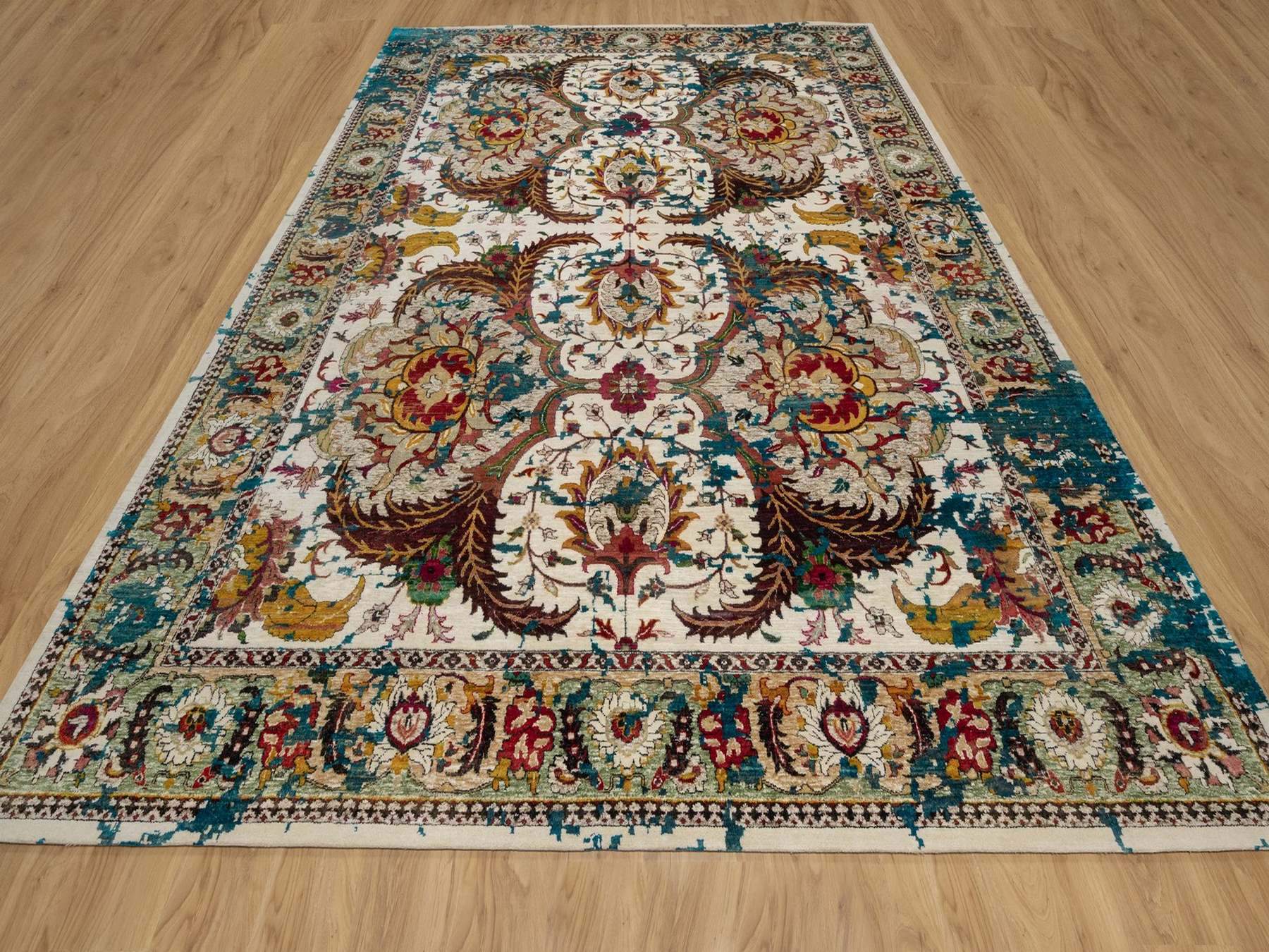 Transitional hand-knotted wool/silk rug in Ivory & Turquoise, 10' x 14' — SKU O092083 (view 2)