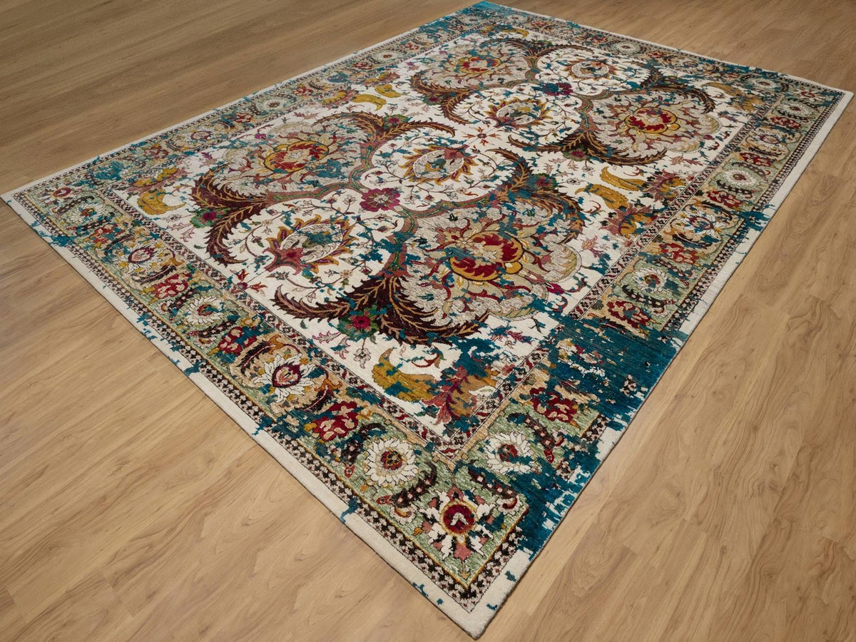 Transitional hand-knotted wool/silk rug in Ivory & Turquoise, 10' x 14' — SKU O092083 (view 3)