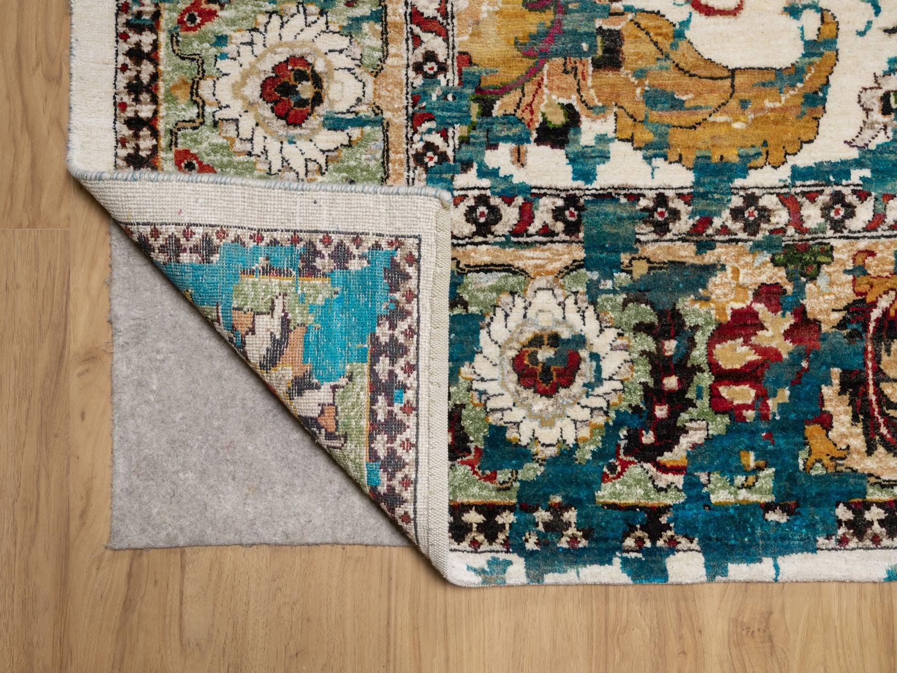 Transitional hand-knotted wool/silk rug in Ivory & Turquoise, 10' x 14' — SKU O092083 (view 4)