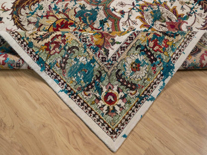 Transitional hand-knotted wool/silk rug in Ivory & Turquoise, 10' x 14' — SKU O092083 (view 6)