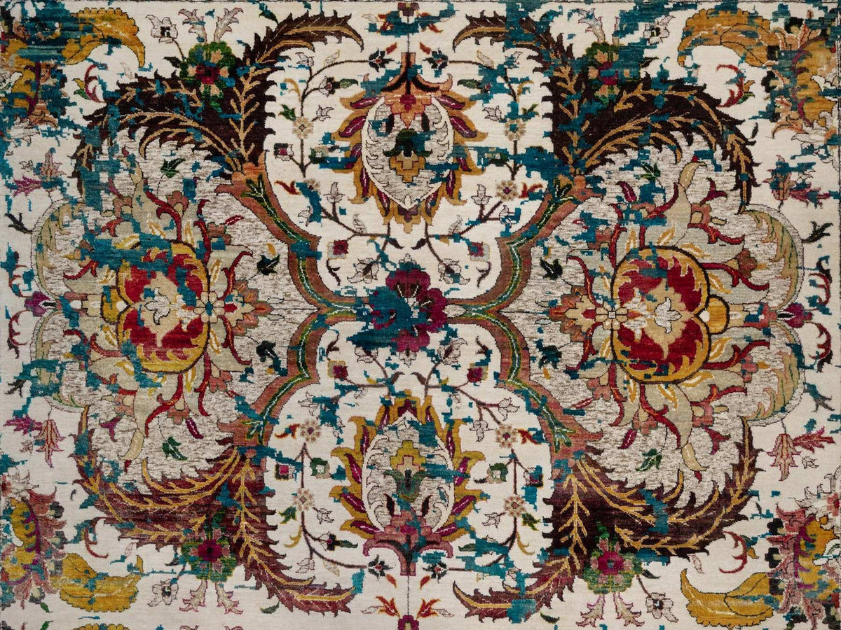 Transitional hand-knotted wool/silk rug in Ivory & Turquoise, 10' x 14' — SKU O092083 (view 8)