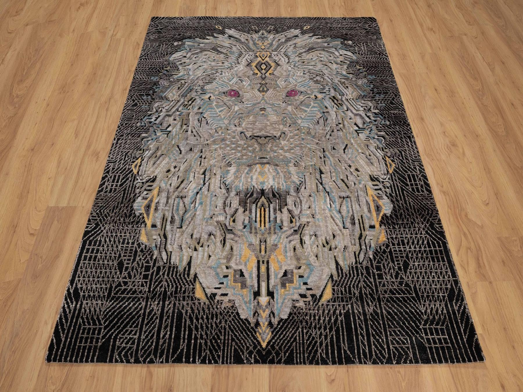 Black 5'1" x 7'1" Modern and Contemporary Hand knotted Wool/Silk Rug - Sku: O092086