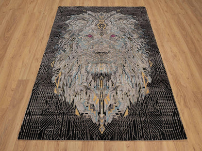 Black 5'1" x 7'1" Modern and Contemporary Hand knotted Wool/Silk Rug - Sku: O092086