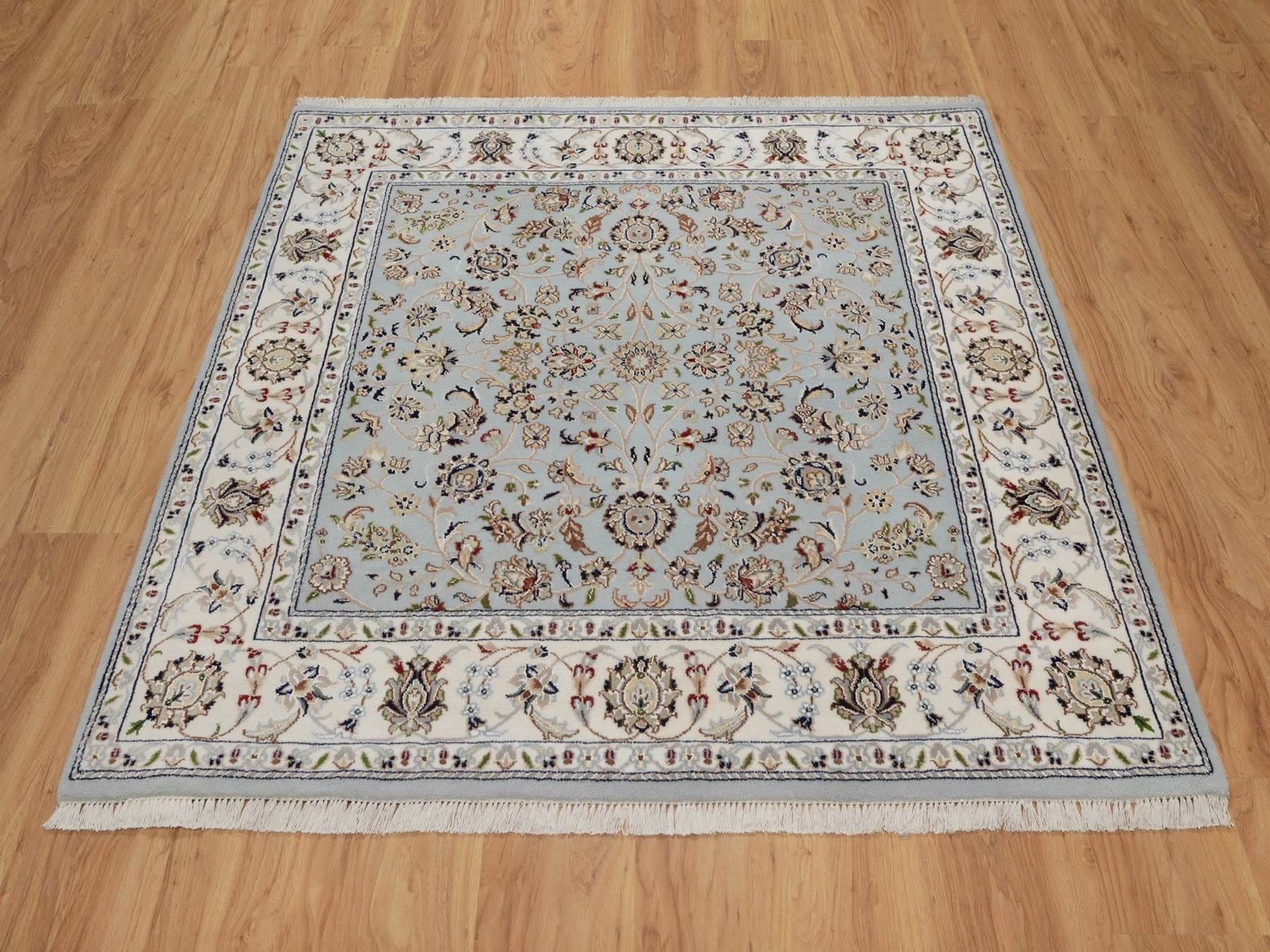 Blue 5'1" x 5'2" Fine Oriental Hand knotted Wool/Silk Rug - Sku: O092091