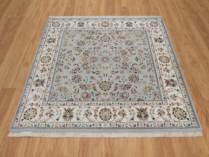 Blue 5'1" x 5'2" Fine Oriental Hand knotted Wool/Silk Rug - Sku: O092091