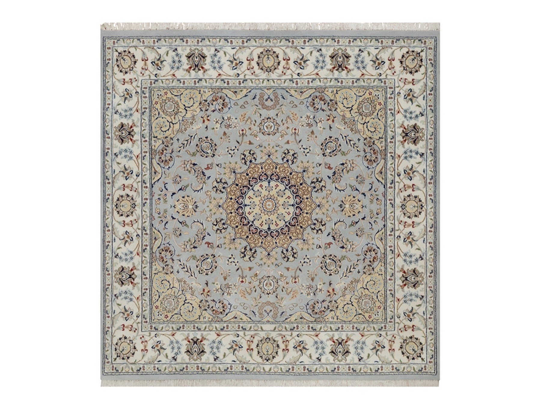 Blue 6'1" x 6'3" Fine Oriental Hand knotted Wool/Silk Rug - Sku: O092093
