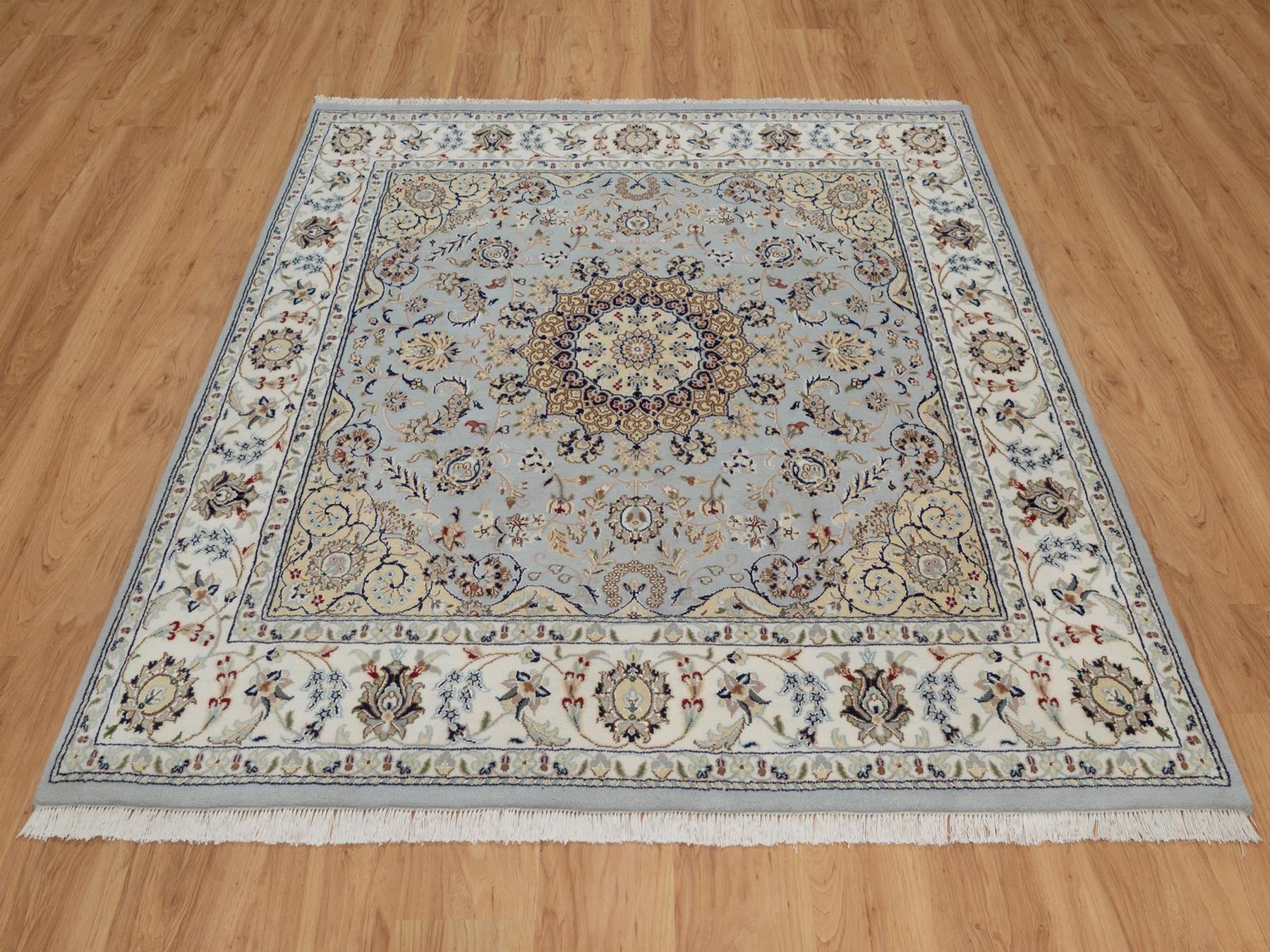 Blue 6'1" x 6'3" Fine Oriental Hand knotted Wool/Silk Rug - Sku: O092093