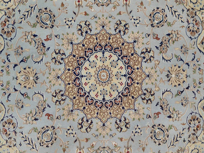 Blue 6'1" x 6'3" Fine Oriental Hand knotted Wool/Silk Rug - Sku: O092093