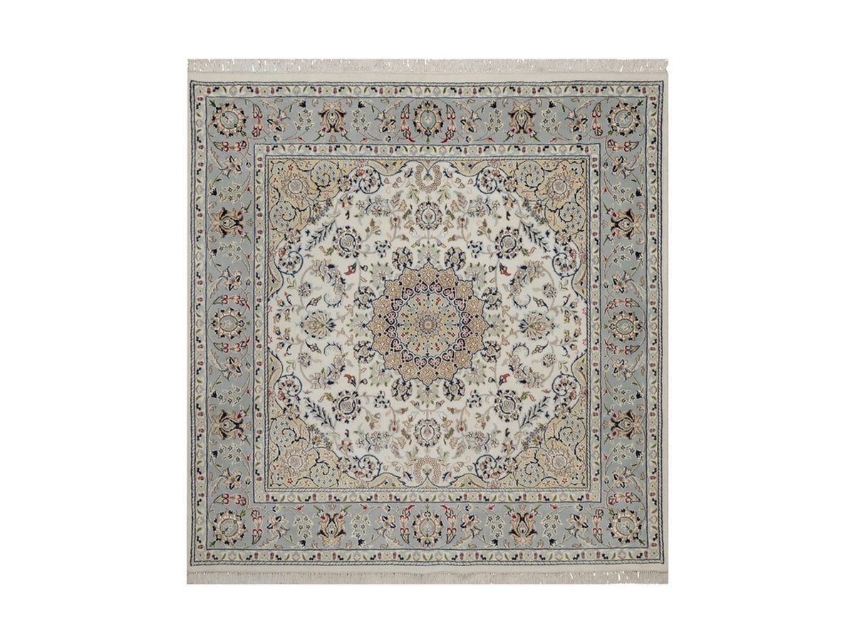Nain Fine Oriental hand-knotted wool/silk rug in Ivory & Light Blue, 5'10" x 6'1" — SKU O092094