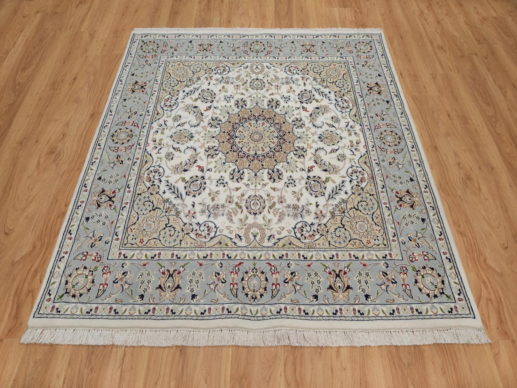 Nain Fine Oriental hand-knotted wool/silk rug in Ivory & Light Blue, 5'10" x 6'1" — SKU O092094 (view 2)