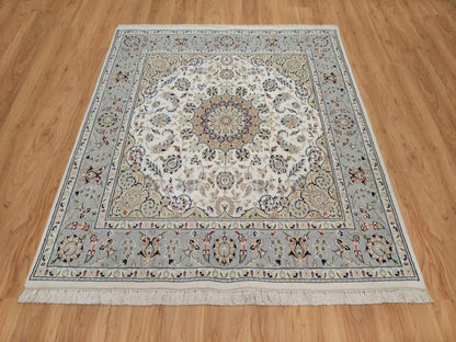 Nain Fine Oriental hand-knotted wool/silk rug in Ivory & Light Blue, 5'10" x 6'1" — SKU O092094 (view 2)