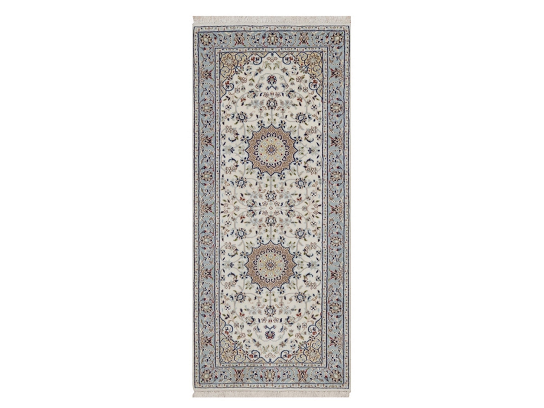 Nain Fine Oriental hand-knotted wool/silk runner in Ivory & Light Blue, 2'8" x 6'5" — SKU O092096