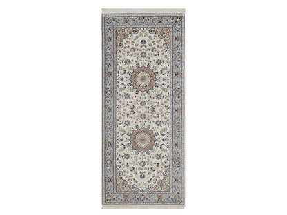 Nain Fine Oriental hand-knotted wool/silk runner in Ivory & Light Blue, 2'8" x 6'5" — SKU O092096