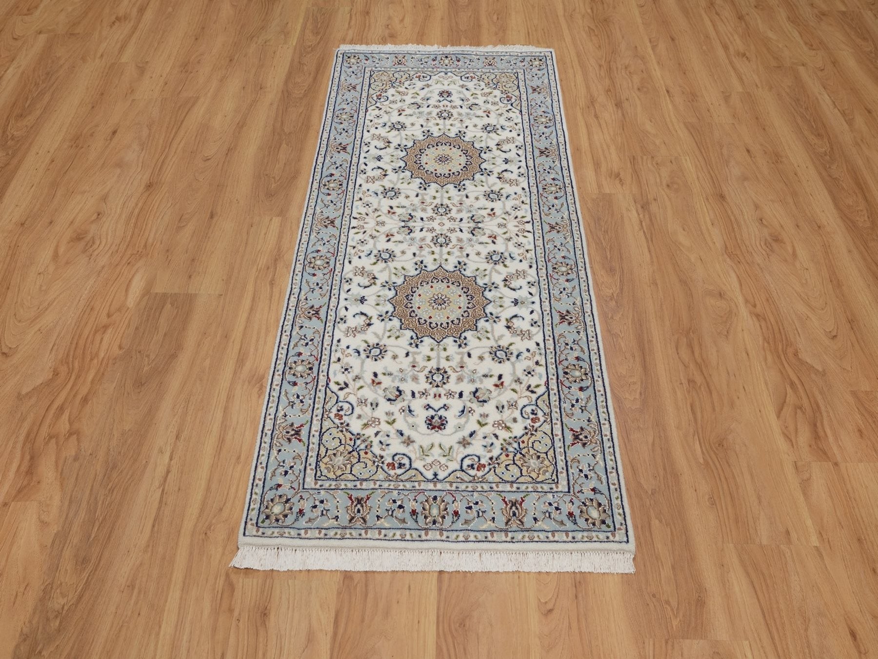 Nain Fine Oriental hand-knotted wool/silk runner in Ivory & Light Blue, 2'8" x 6'5" — SKU O092096 (view 2)