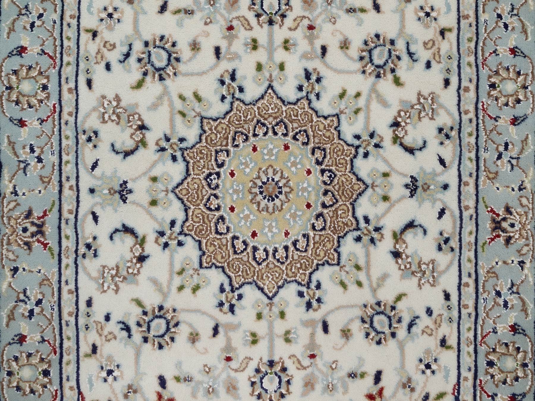 Nain Fine Oriental hand-knotted wool/silk runner in Ivory & Light Blue, 2'8" x 6'5" — SKU O092096 (view 5)