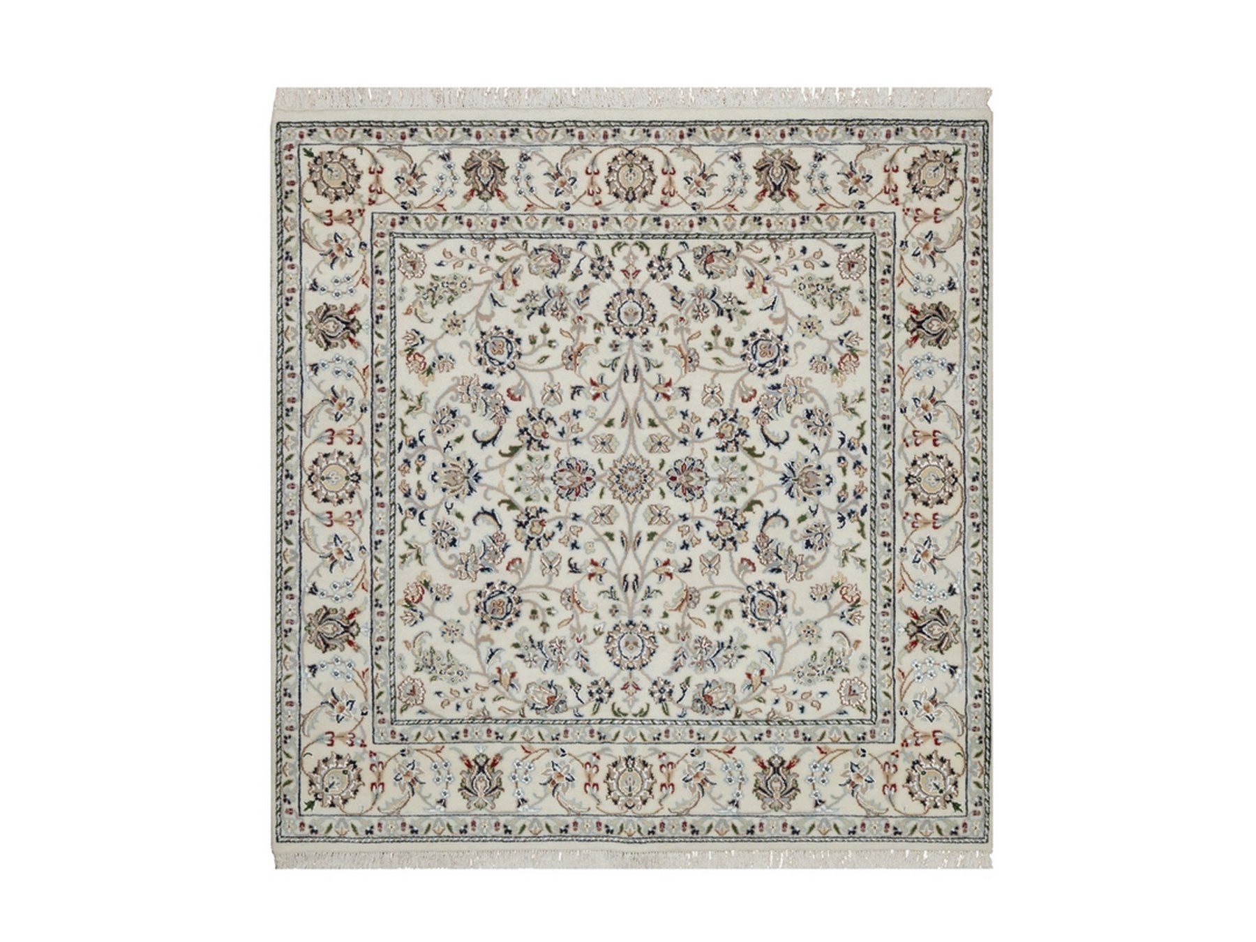 Ivory 5'1" x 5'2" Fine Oriental Hand knotted Wool/Silk Rug - Sku: O092098