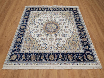 Nain Fine Oriental hand-knotted wool/silk rug in Ivory & Midnight Blue, 6' x 6'2" — SKU O092099 (view 2)