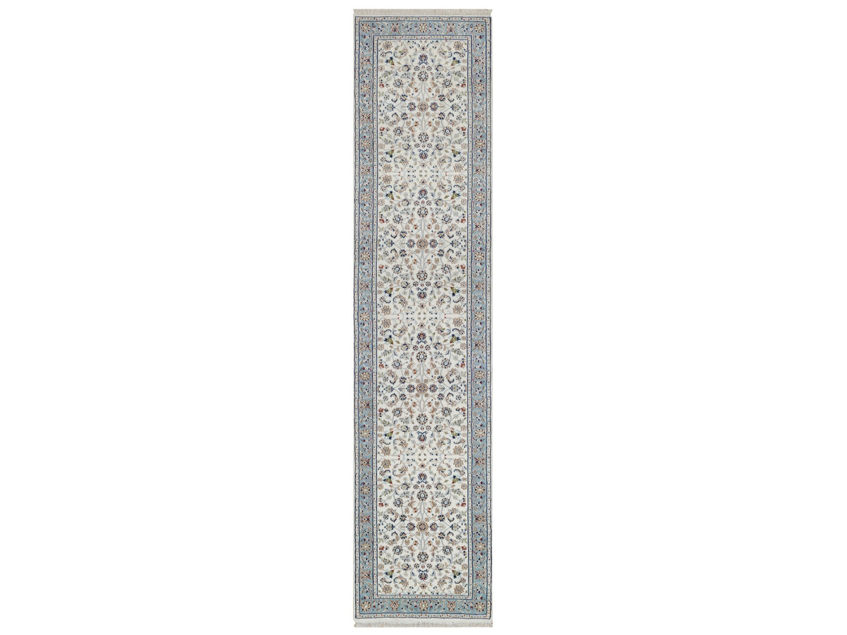 Nain Fine Oriental hand-knotted wool/silk runner in Ivory & Light Blue, 2'9" x 12'3" — SKU O092108