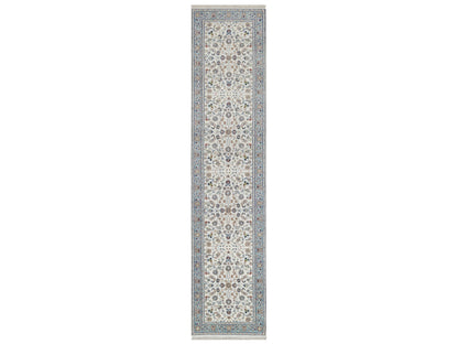 Nain Fine Oriental hand-knotted wool/silk runner in Ivory & Light Blue, 2'9" x 12'3" — SKU O092108