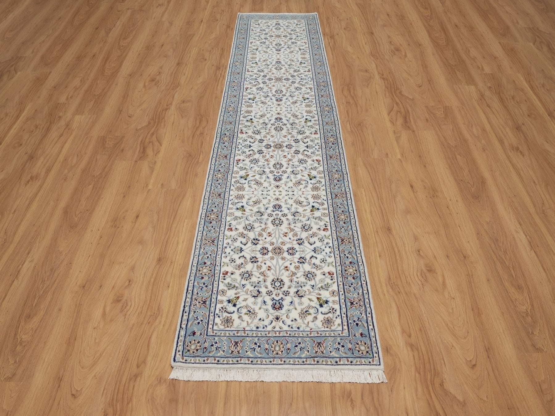 Nain Fine Oriental hand-knotted wool/silk runner in Ivory & Light Blue, 2'9" x 12'3" — SKU O092108 (view 2)