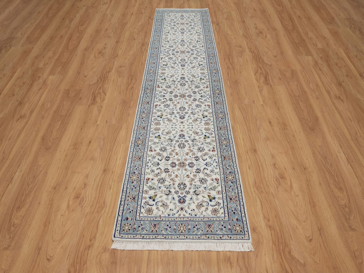 Nain Fine Oriental hand-knotted wool/silk runner in Ivory & Light Blue, 2'9" x 12'3" — SKU O092108 (view 2)