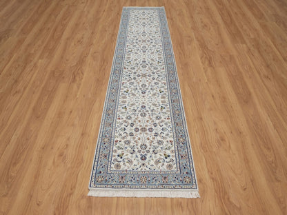 Nain Fine Oriental hand-knotted wool/silk runner in Ivory & Light Blue, 2'9" x 12'3" — SKU O092108 (view 2)